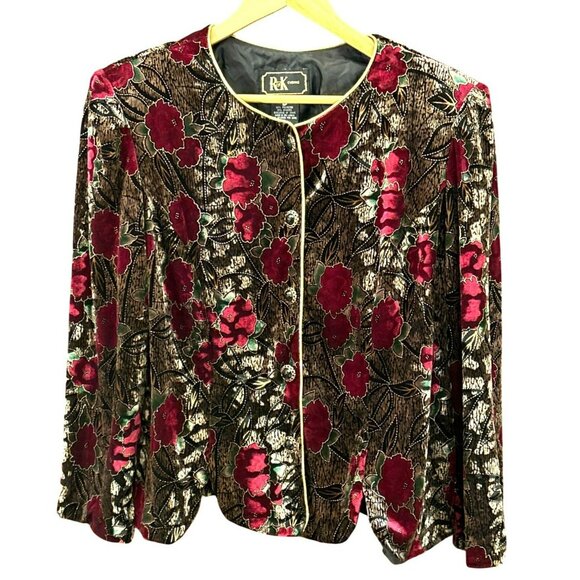 Vintage R&K Evening Women's Red Brown Burnout Velvet Cardigan Gold Trim Size 16P - Picture 1 of 6